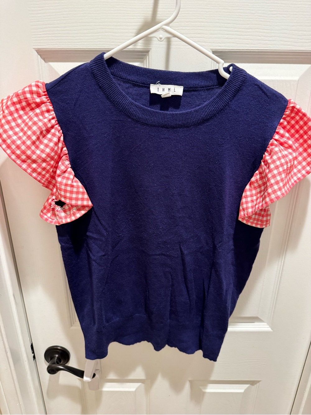 THML Navy Top with Red Gingham Ruffle Sleeves